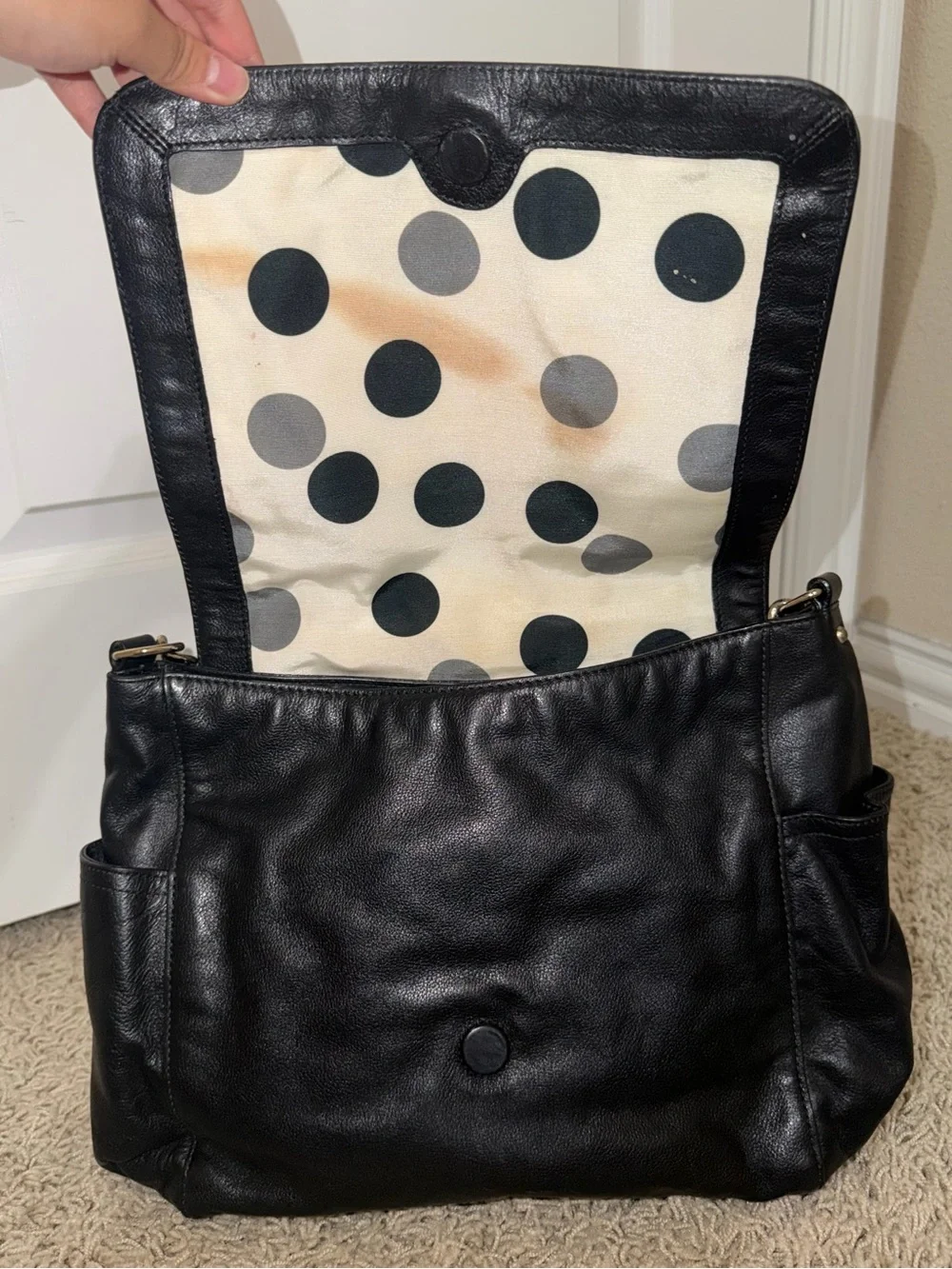 Kate Spade Black Pebbled Leather Flap Shoulder Bag Gold Chain S363 Polka Dot